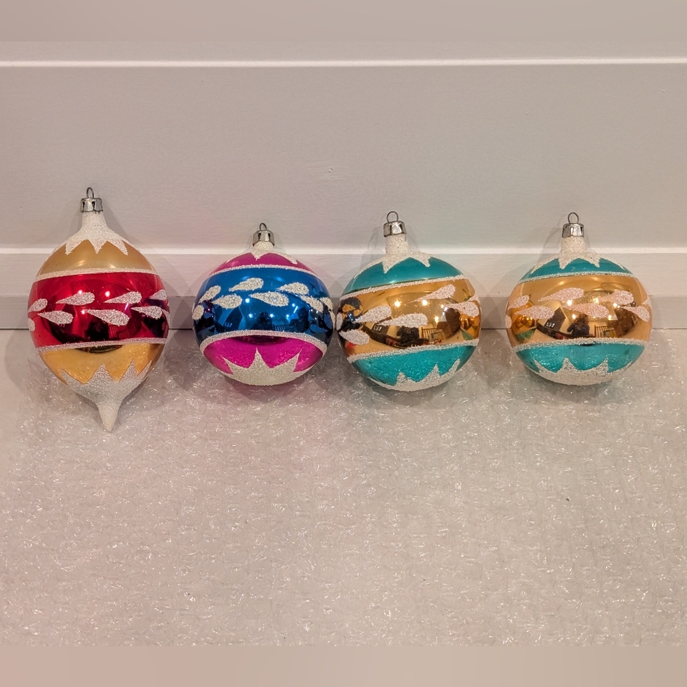 4 Vintage Polish Blown Glass Christmas Ornaments | Round & Teardrop